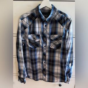 Chalc Men's Blue, Black and White Plaid button up Shirt, size M long sleeves